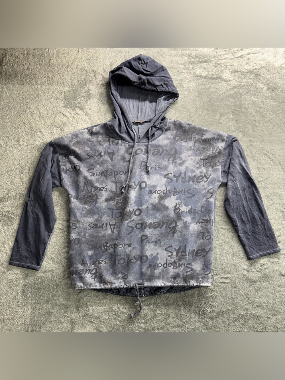 Femme Fatale Acid Wash City Print Pullover Relaxed Fit Cinched Hem Hoodie Comfy